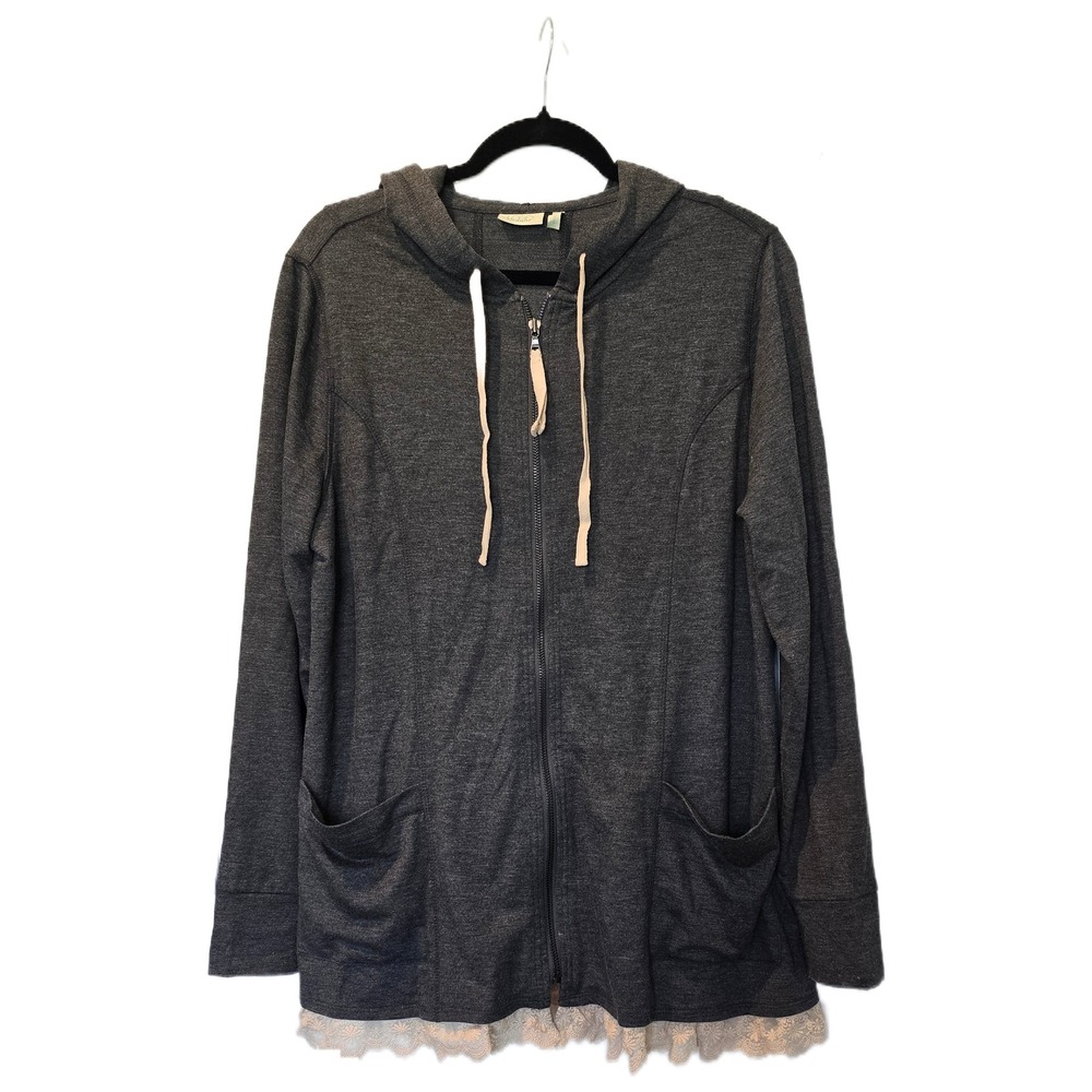 LOGO Lounge Lori Goldstein Gray Lace Trim Zip Up Hoodie Jacket Womens Large L